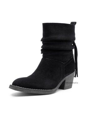 Women's Faux Leather Slouchy Ankle Boots Square Toe Low Block Heel Pull-On